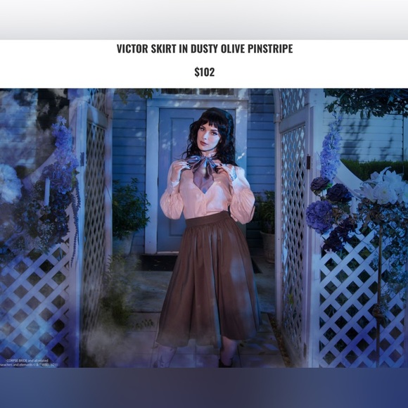 NWT La Femme En Noir Victor skirt SzXS,olive pinstripe,TimBurton,Corpse Bride - Picture 3 of 10